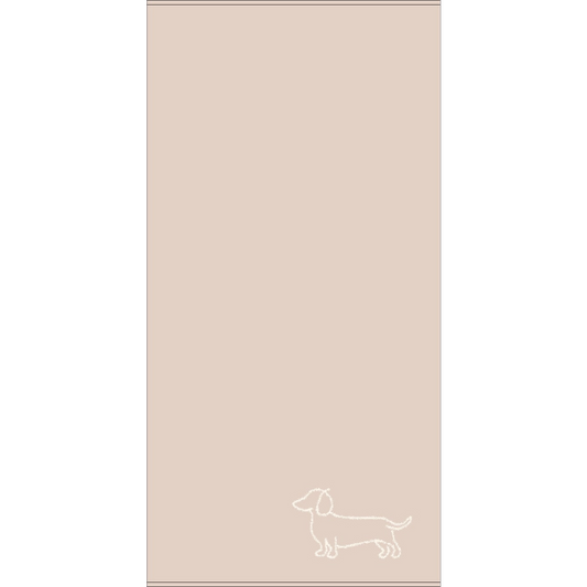 Frottituch in Altrosa mit einer weißen Dackelsilhouette unten rechts, erhältlich in verschiedenen Größen für Hand-, Dusch- und Gästetuch, aus 100 % Baumwolle.