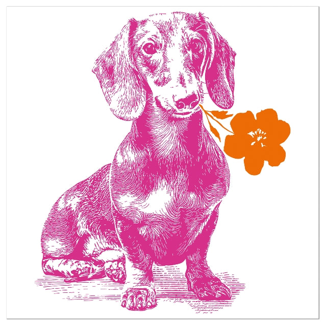 Papierserviette mit pink gezeichnetem Dackel, der eine leuchtend orangefarbene Blume im Maul hält – humorvoller, auffälliger Look.