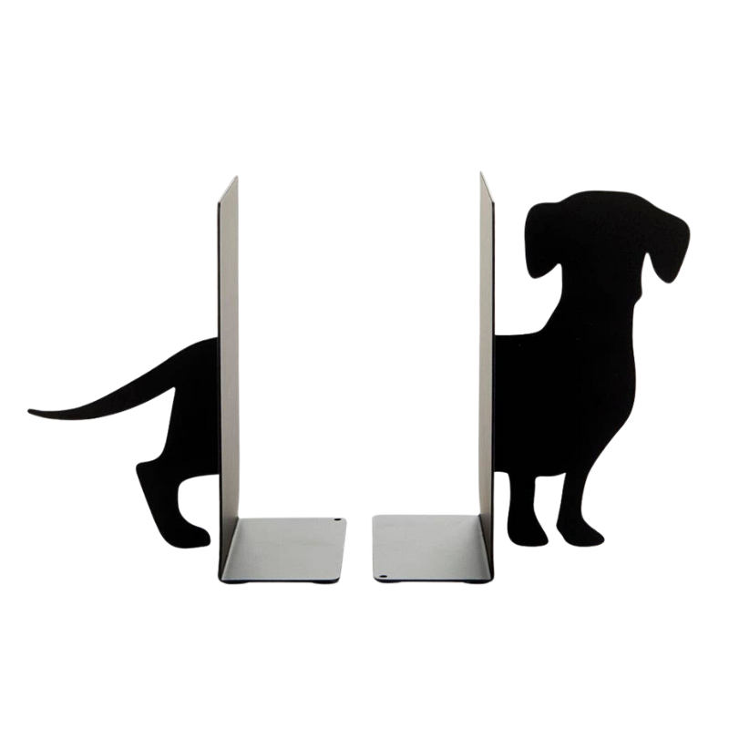 Robuste Buchstützen im Dackel-Design, die stilvoll Ordnung in deine Bücherregale bringen.