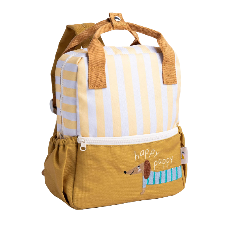 Gelber Kindergarten Rucksack mit weiß-gelben Streifen und Dackelmotiv, perfekt für den täglichen Gebrauch.