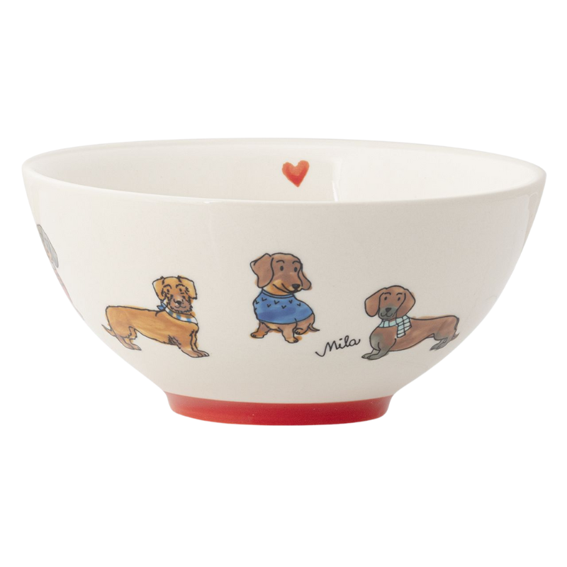 Weiße Keramikschüssel mit bunten Dackelmotiven und einem kleinen roten Herz am Innenrand, ideal für Dein tägliches Frühstück.
