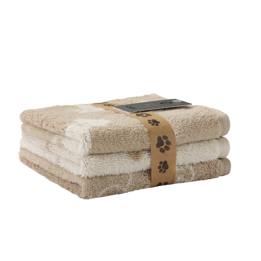 reier-Set quadratischer Frottiertücher in sanftem Beige und Schokoladenbraun, bedruckt mit Dackel-Silhouetten und Pfotenabdrücken, jedes Tuch 30x30 cm, aus 100 % Baumwolle.