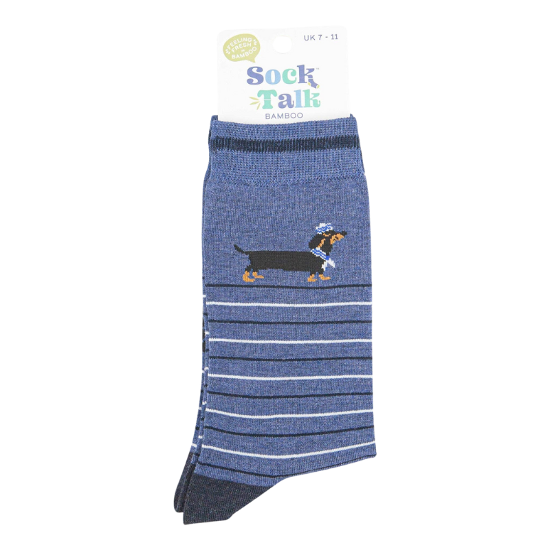 Herrensocken aus Bambus - Denimblau, Dackel-Matrosenstreifen