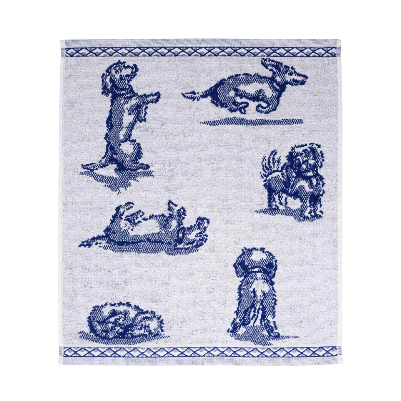 Blau-weißes Küchentuch mit verschiedenen Dackel-Motiven in Aktion; Perfekt für Dackelliebhaber und Küchenakrobaten.