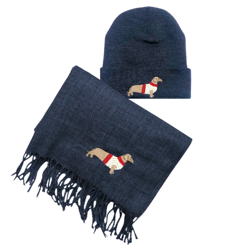Set aus Winterschal und Mütze mit Dackelstickerei