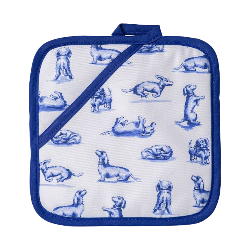 Blauer Topflappen mit weißem Dackel-Print in verschiedenen Posen, umrandet von einer dunkelblauen Einfassung.