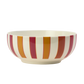 Bunte Schale mit vertikalem Streifenmuster in Rot und Orange; auf der Innenseite befindet sich eine Illustration eines Dackels im gestreiften Pullover.
