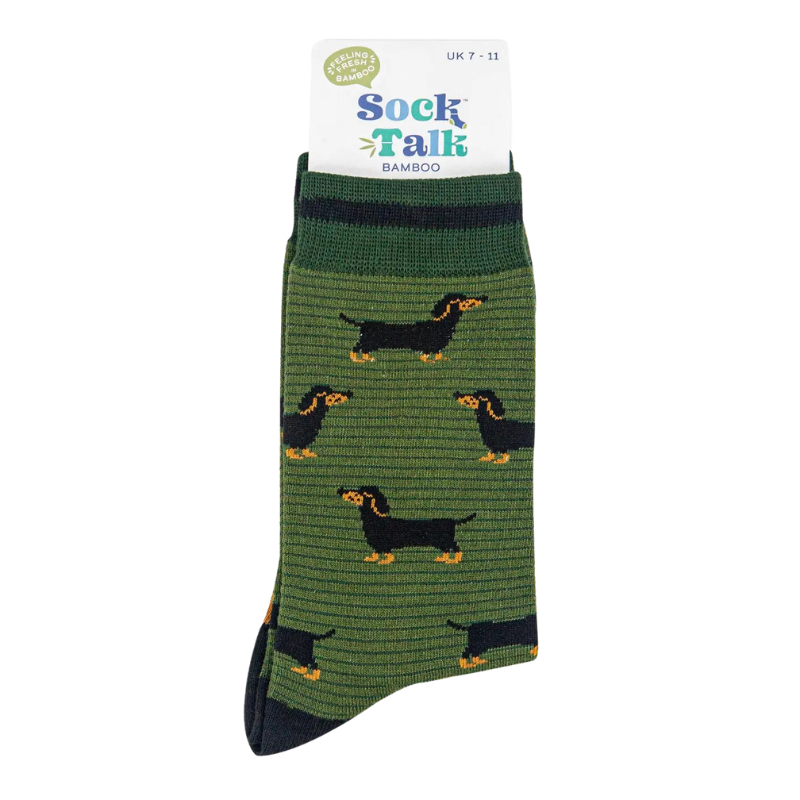 Herrensocken aus Bambus - Khaki/Dunkelgrün, Dackel & Streifen