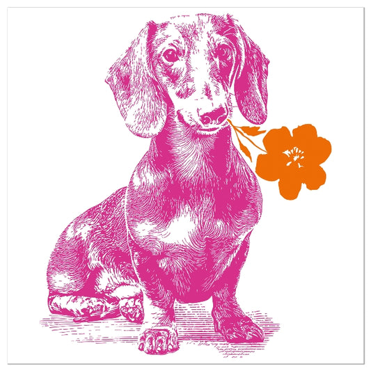Papierserviette mit pink gezeichnetem Dackel, der eine leuchtend orangefarbene Blume im Maul hält – humorvoller, auffälliger Look.