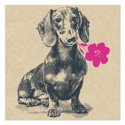 Papierserviette mit naturbraunem Hintergrund und detailreich gezeichnetem Dackel, der eine pinke Blume im Maul hält – elegante, humorvolle Tischdeko.