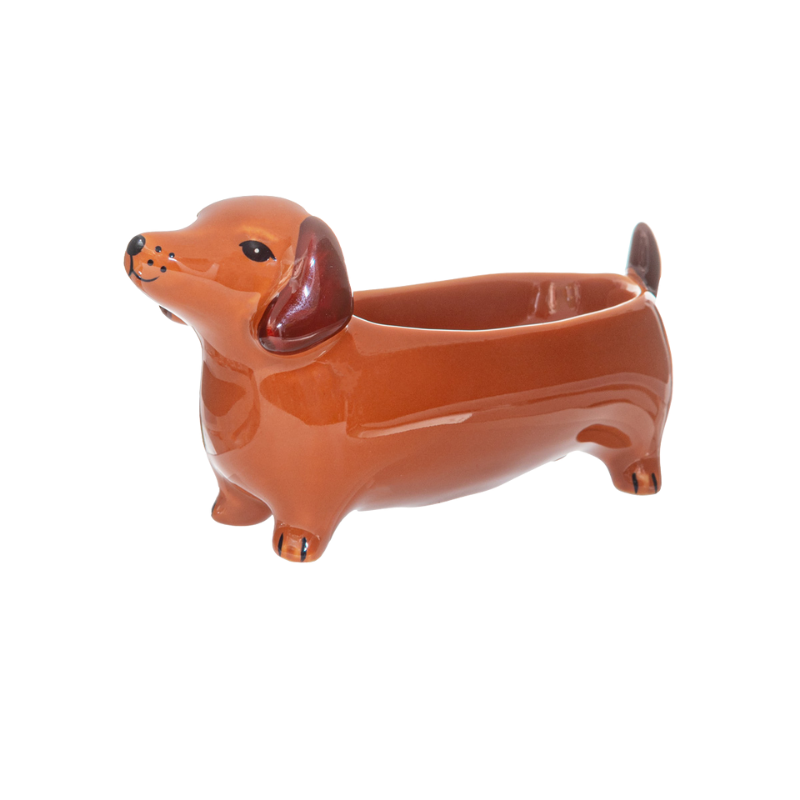 Keramik-Schmuckschale in Form eines braunen Dackels mit glänzender Oberfläche.
