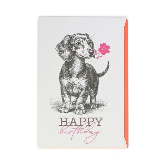 Geburtstagskarte mit einem gezeichneten Dackel, der eine pinke Blume im Maul hält, darunter der Schriftzug „Happy Birthday“ in Schwarz und Pink.