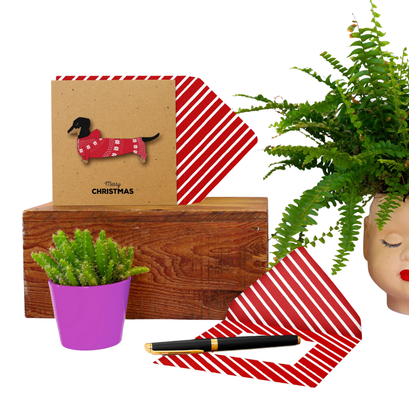 Frohe Weihnachten Strampler Dackel, handgefertigte Grußkarte
