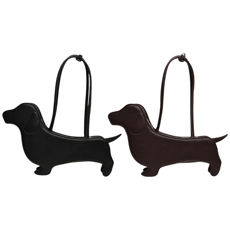 Handtasche in Form eines Dackels mit Tragehenkeln, stilvoll und witzig zugleich.