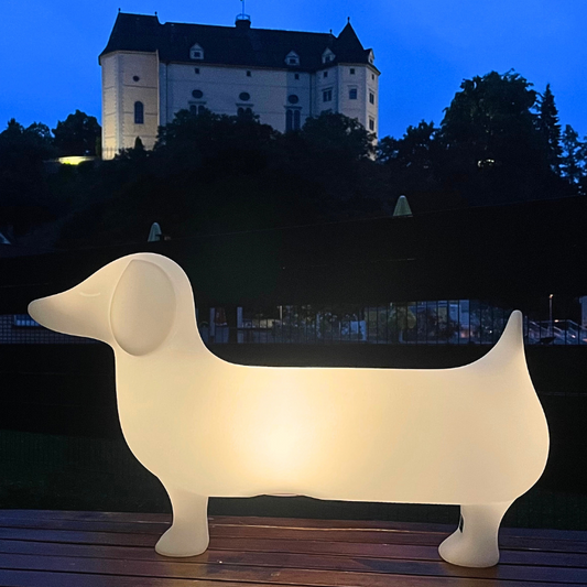 Ein beleuchtetes, dackelförmiges Licht in verschiedenen Farben, darunter Gelb, Grün, Blau, Rot und Lila, gegen den Hintergrund einer abendlichen Stadtszenerie.