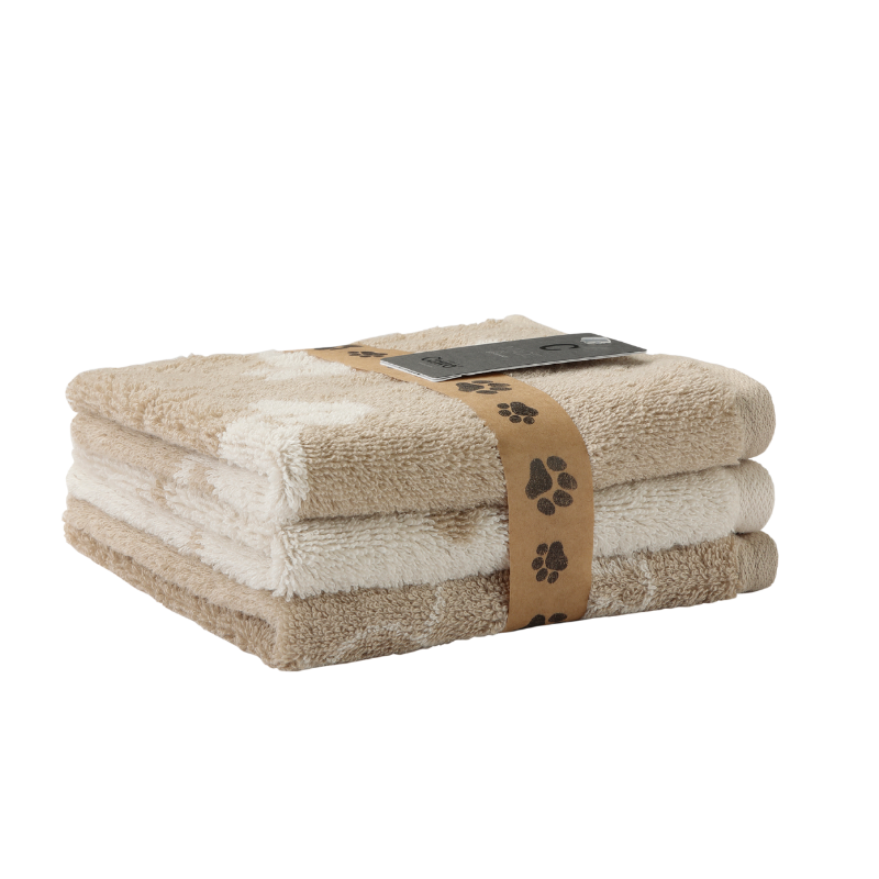 reier-Set quadratischer Frottiertücher in sanftem Beige und Schokoladenbraun, bedruckt mit Dackel-Silhouetten und Pfotenabdrücken, jedes Tuch 30x30 cm, aus 100 % Baumwolle.