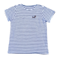 Gestreiftes T-Shirt für Erwachsene in Weiß und Dunkelblau mit kleiner Dackel-Stickerei auf der Brust.