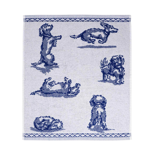 Blau-weißes Küchentuch mit verschiedenen Dackel-Motiven in Aktion; Perfekt für Dackelliebhaber und Küchenakrobaten.