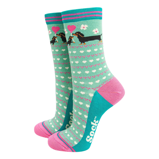Damen-Bambussocken - Minze, Dackel & Welpe