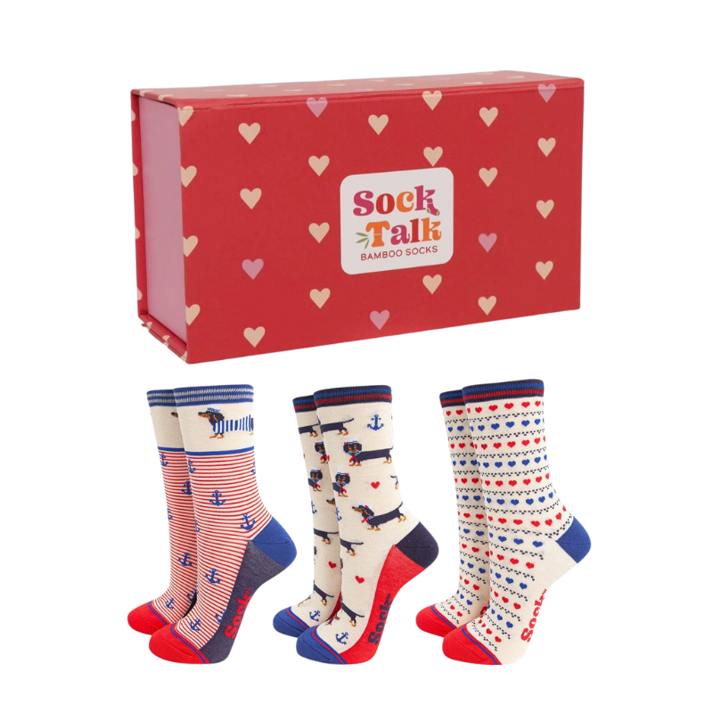 Geschenkbox mit Bambussocken für Damen - Nautische Dackel
