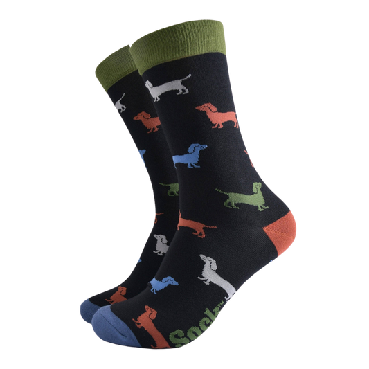Bambussocken für Herren, Schwarz/Grün, Sausage Dog