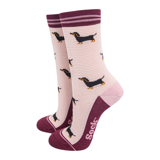 Damen-Bambussocken - Creme/Beere, Dackelstreifen