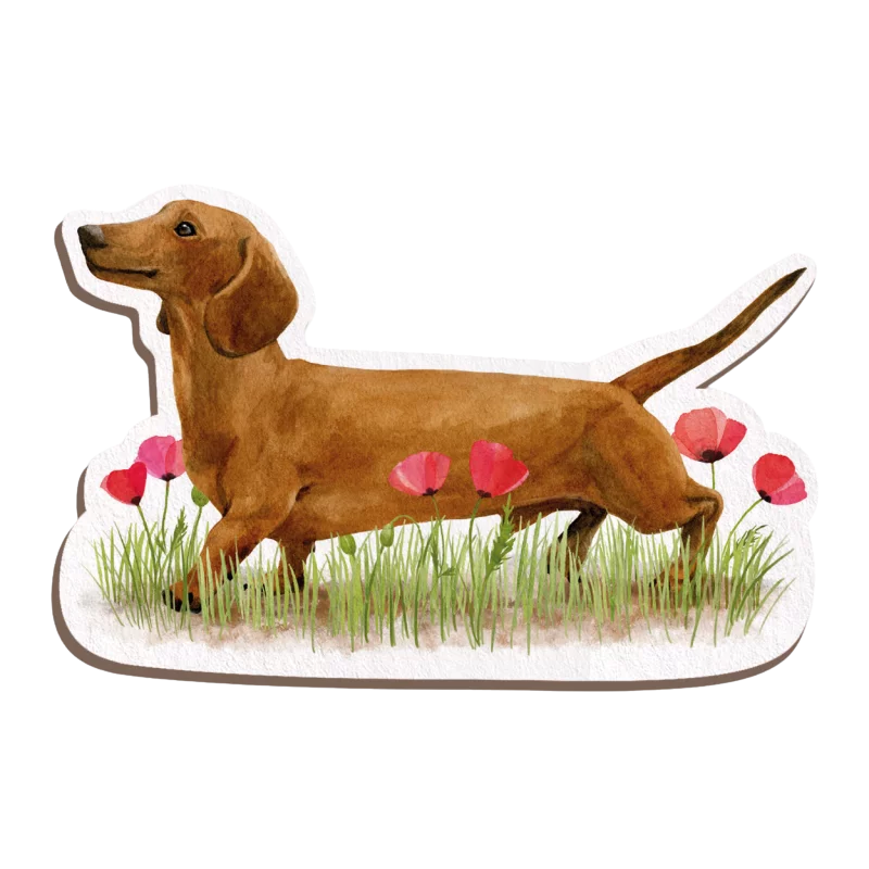 Magnet in Form eines braunen Dackels, der durch grüne Wiese mit roten Mohnblumen läuft; Illustration im Aquarellstil.