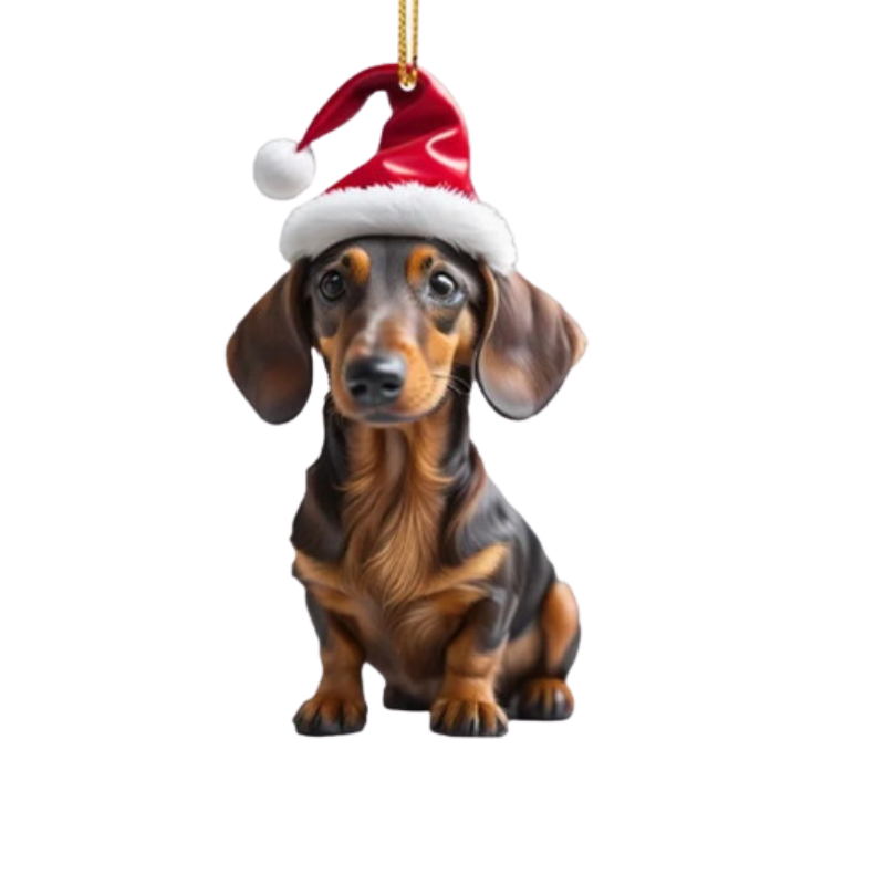 Weihnachtsbaumanhänger in Form eines Dackels, der eine rote Weihnachtsmütze trägt. Der Dackel hat ein glänzendes, schwarzes Fell mit braunen Akzenten und blickt mit einer ernsten, nachdenklichen Miene.