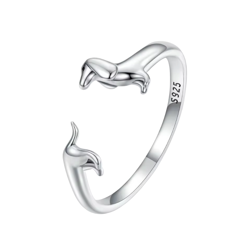 Verstellbarer Ring aus 925er Silber mit Dackel-Motiv, erhältlich in Silber, Schwarz und Roségold – zwei stilisierte Dackel schmiegen sich um den Finger und bilden die offene Ringspitze.