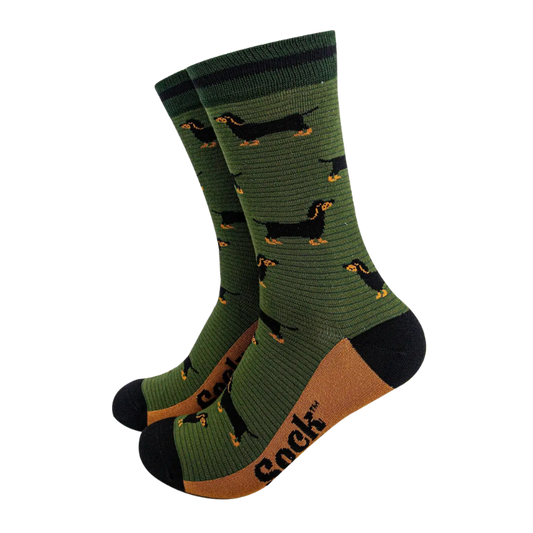 Herrensocken aus Bambus - Khaki/Dunkelgrün, Dackel & Streifen