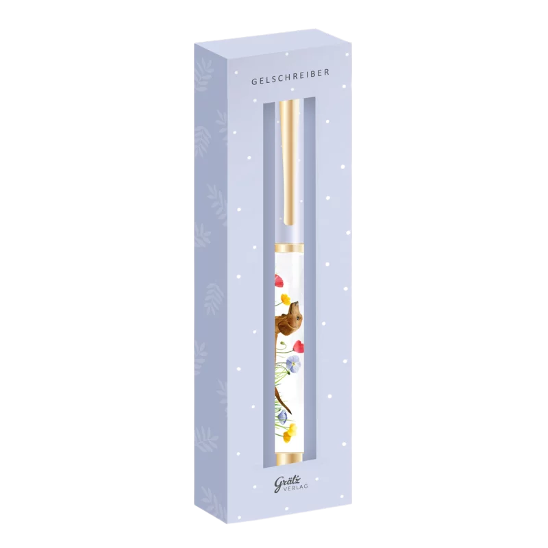 Eleganter Gelschreiber in Geschenkverpackung mit Dackelmotiv und bunten Blumen, goldener Clip und Spitze; sichtbar durch ein Sichtfenster in hellblauer Verpackung mit weißen Punkten.