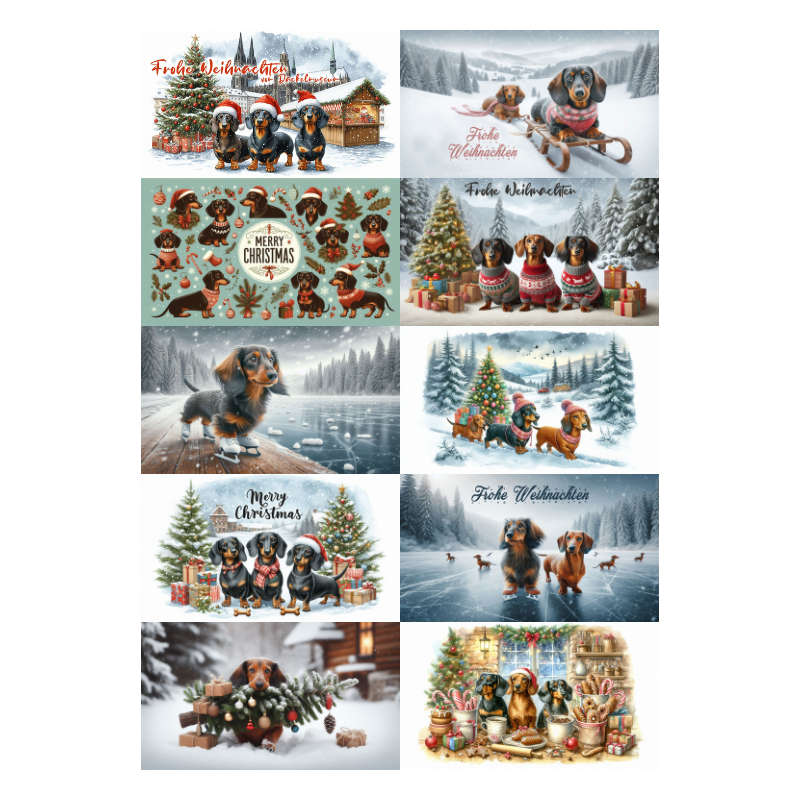 Sammlung von Postkarten mit verschiedenen Weihnachtsmotiven, alle mit Dackeln in festlichen Szenen, von winterlichen Landschaften bis hin zu gemütlichen Innenräumen, ideal zum Versenden oder Sammeln.